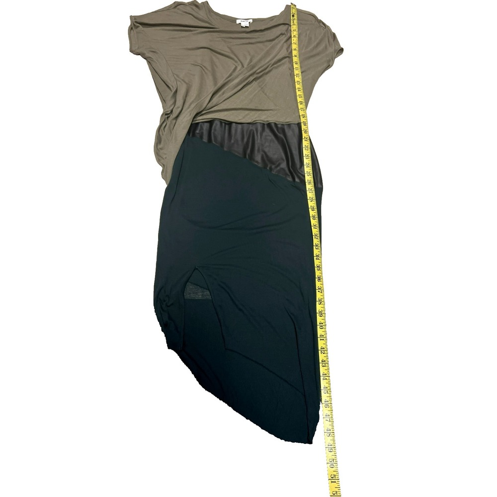 HELMUT LANG Asymmetric Drape Midi Dress Green Black Jersey Brown Vegan Leather S - Picture 12 of 12